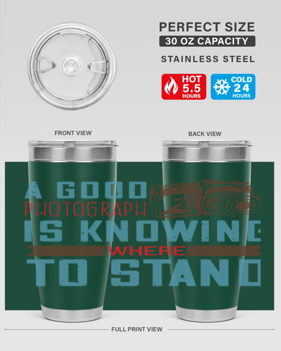 A stylish 20oz stainless steel tumbler with a photography-themed design, featuring a double wall vacuum and a drink-thru lid.
