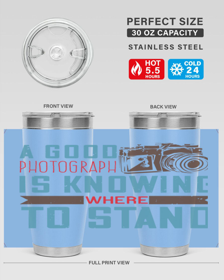 A stylish 20oz stainless steel tumbler with a photography-themed design, featuring a double wall vacuum and a drink-thru lid.