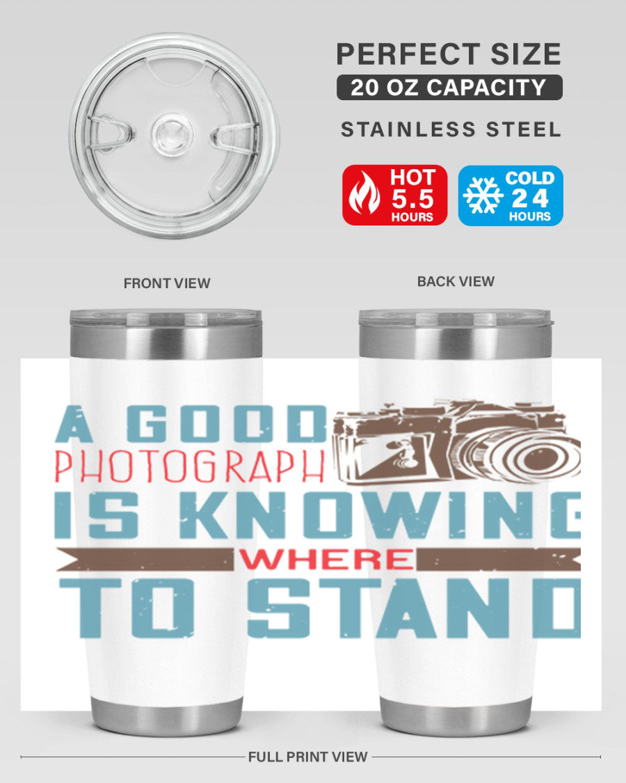 A stylish 20oz stainless steel tumbler with a photography-themed design, featuring a double wall vacuum and a drink-thru lid.