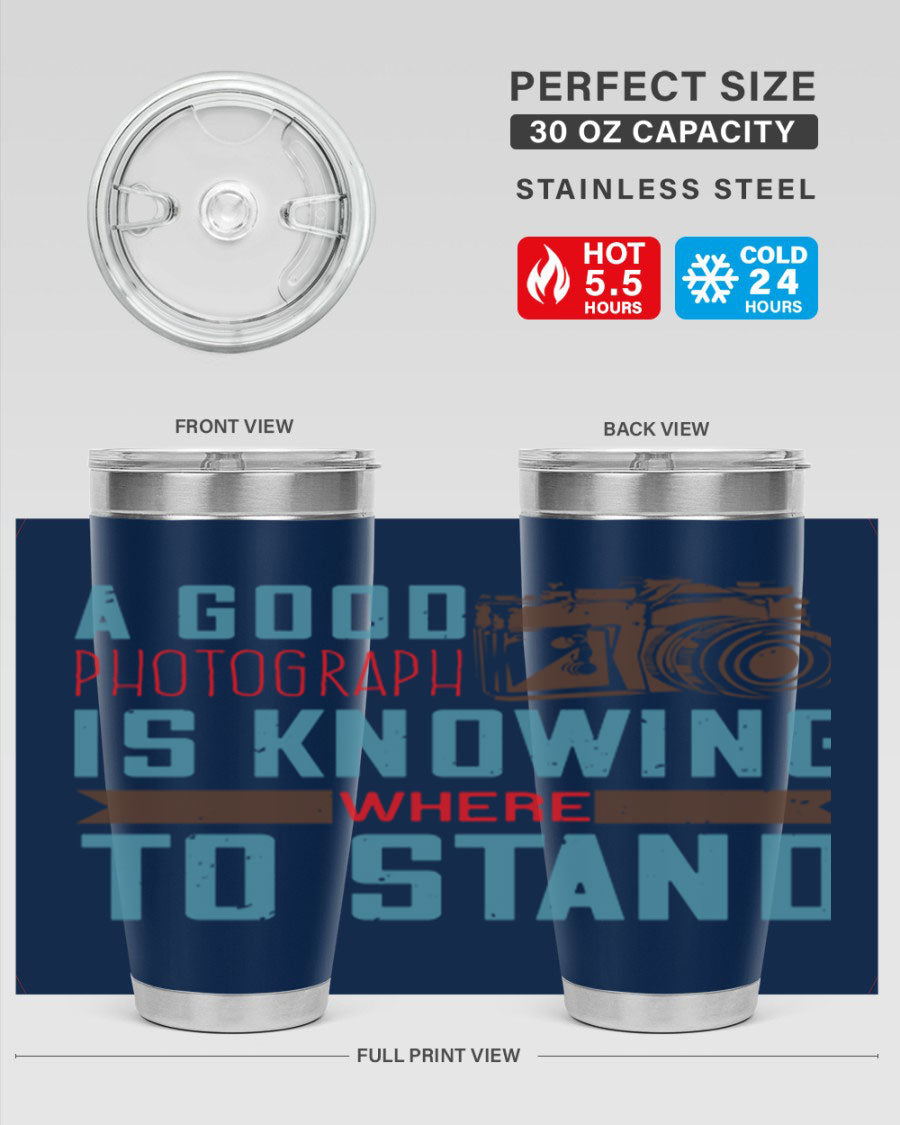 A stylish 20oz stainless steel tumbler with a photography-themed design, featuring a double wall vacuum and a drink-thru lid.