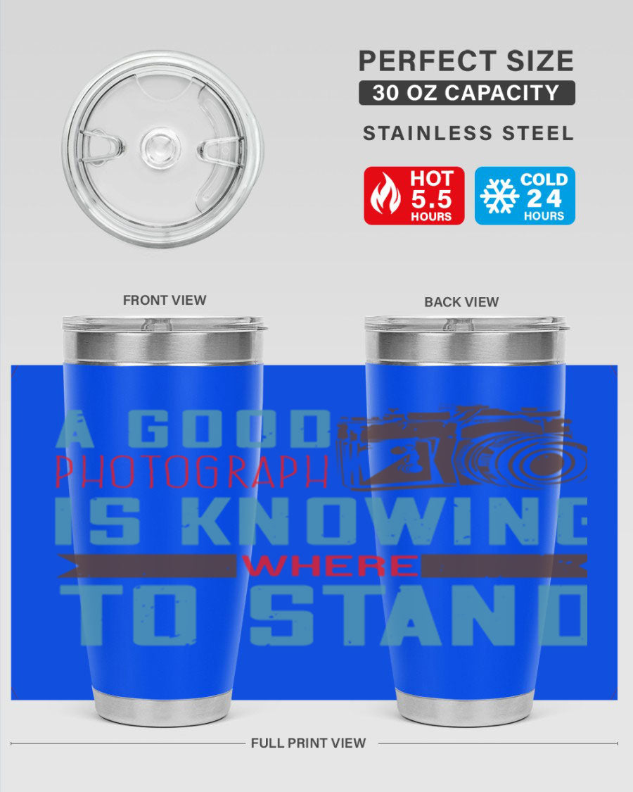 A stylish 20oz stainless steel tumbler with a photography-themed design, featuring a double wall vacuum and a drink-thru lid.