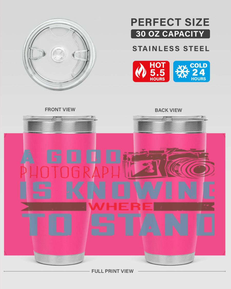 A stylish 20oz stainless steel tumbler with a photography-themed design, featuring a double wall vacuum and a drink-thru lid.