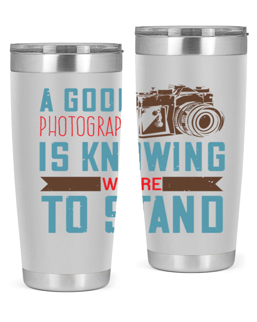 A stylish 20oz stainless steel tumbler with a photography-themed design, featuring a double wall vacuum and a drink-thru lid.
