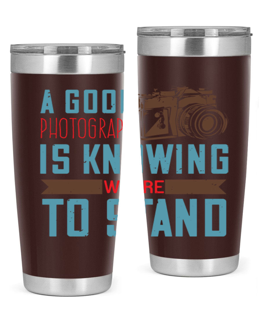A stylish 20oz stainless steel tumbler with a photography-themed design, featuring a double wall vacuum and a drink-thru lid.
