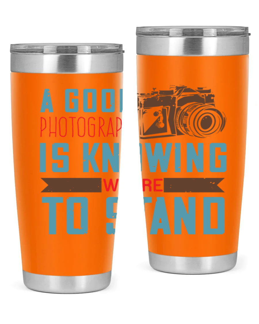 A stylish 20oz stainless steel tumbler with a photography-themed design, featuring a double wall vacuum and a drink-thru lid.