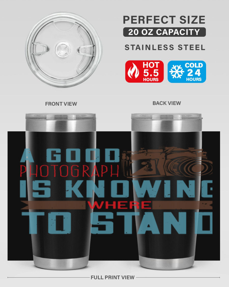 A stylish 20oz stainless steel tumbler with a photography-themed design, featuring a double wall vacuum and a drink-thru lid.