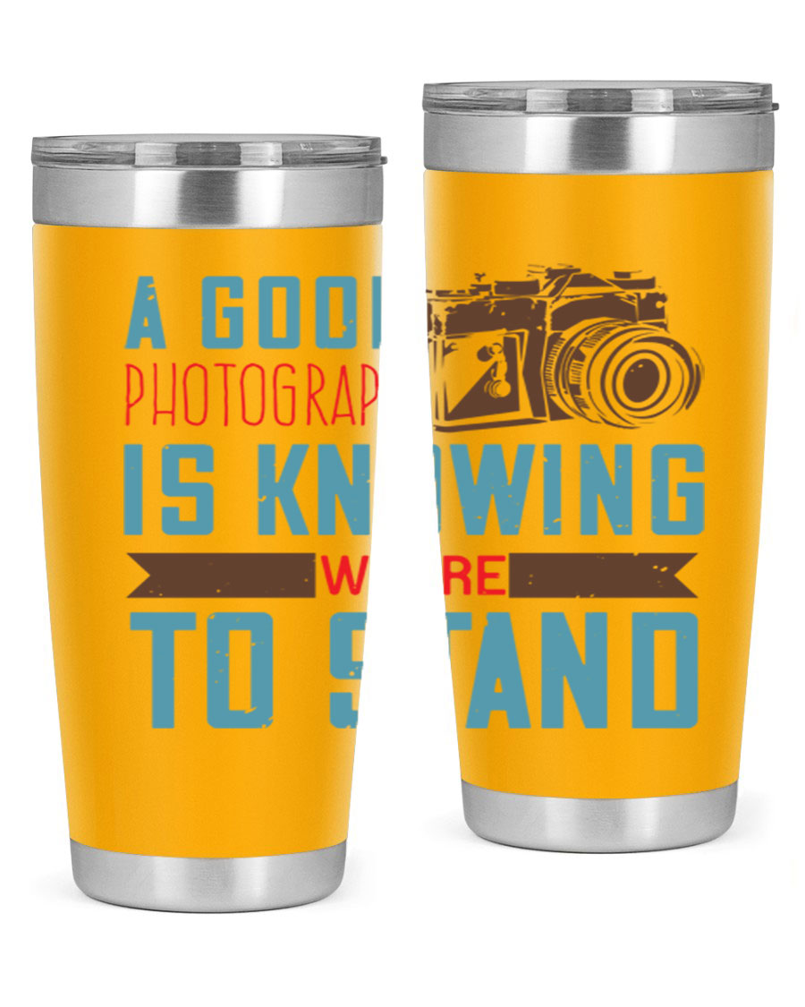 A stylish 20oz stainless steel tumbler with a photography-themed design, featuring a double wall vacuum and a drink-thru lid.