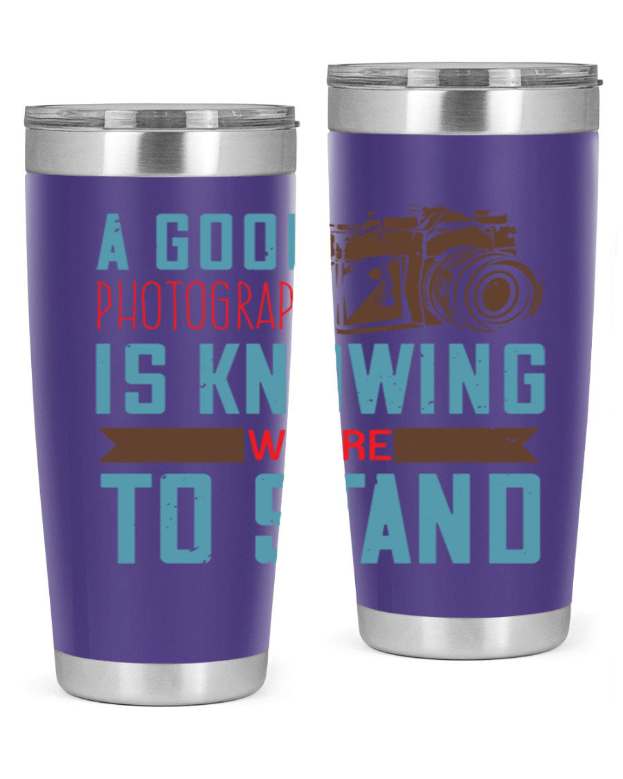 A stylish 20oz stainless steel tumbler with a photography-themed design, featuring a double wall vacuum and a drink-thru lid.