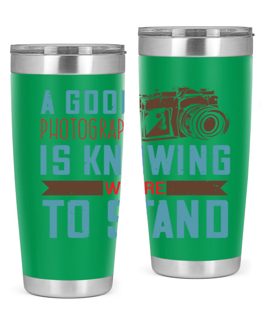 A stylish 20oz stainless steel tumbler with a photography-themed design, featuring a double wall vacuum and a drink-thru lid.