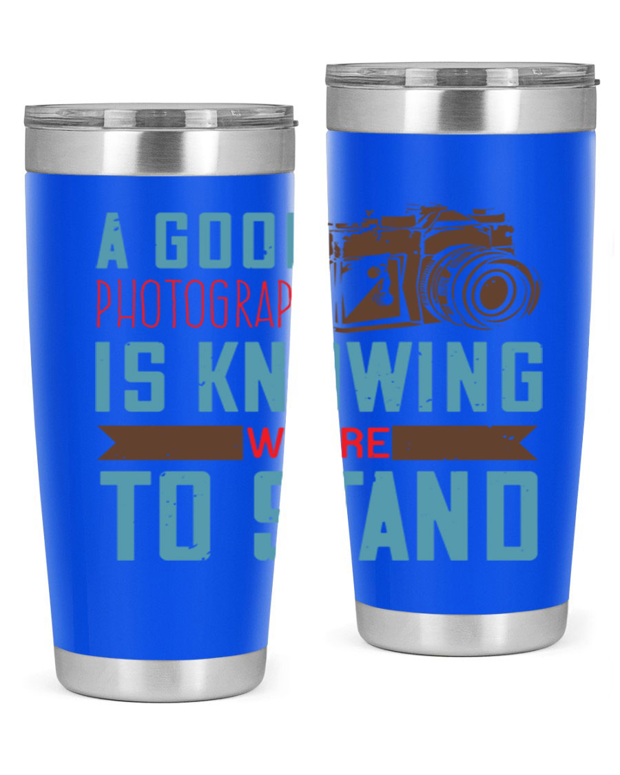 A stylish 20oz stainless steel tumbler with a photography-themed design, featuring a double wall vacuum and a drink-thru lid.
