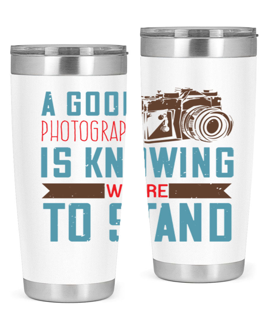 A stylish 20oz stainless steel tumbler with a photography-themed design, featuring a double wall vacuum and a drink-thru lid.