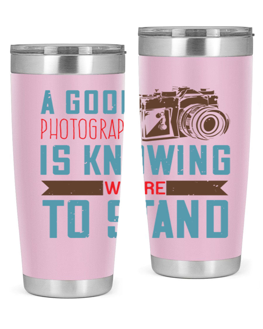 A stylish 20oz stainless steel tumbler with a photography-themed design, featuring a double wall vacuum and a drink-thru lid.
