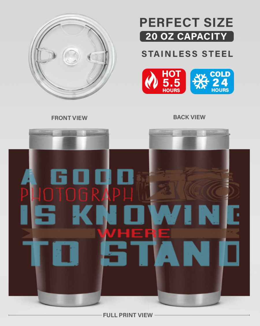 A stylish 20oz stainless steel tumbler with a photography-themed design, featuring a double wall vacuum and a drink-thru lid.