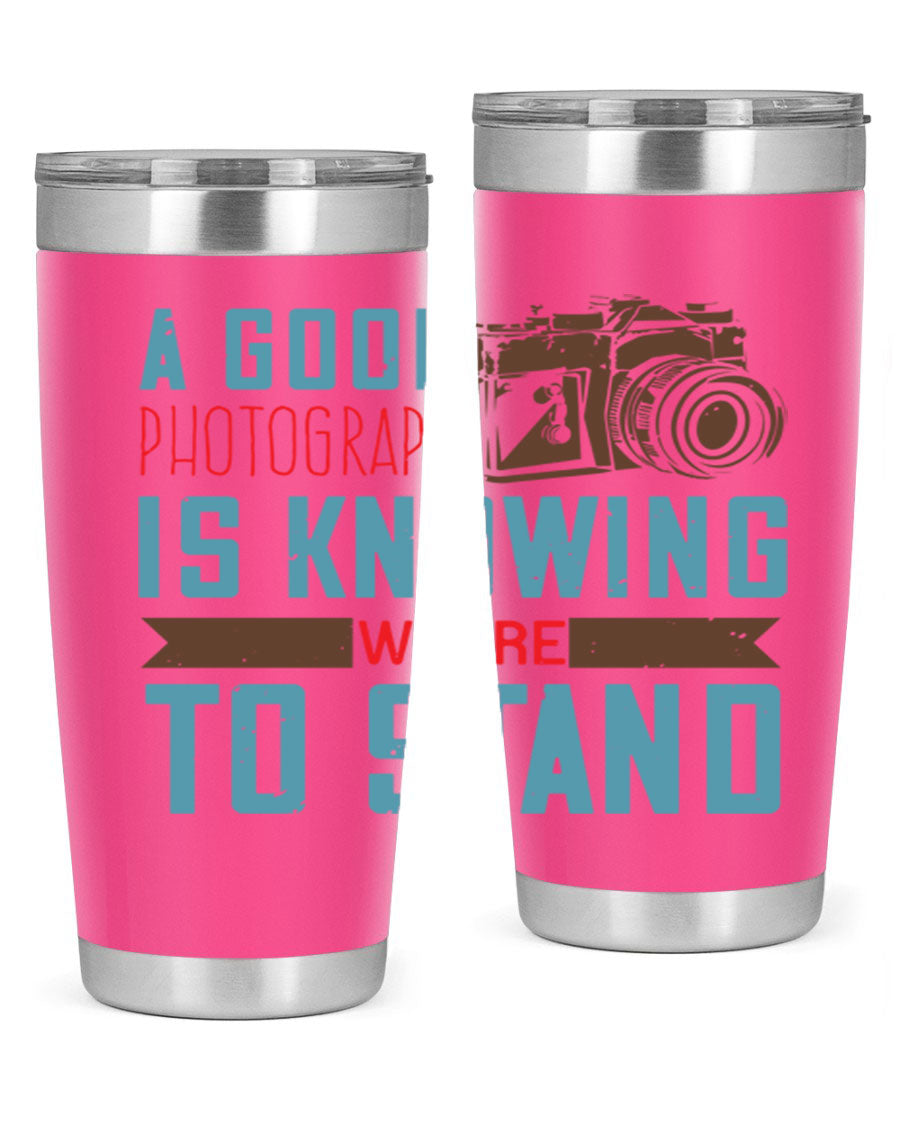 A stylish 20oz stainless steel tumbler with a photography-themed design, featuring a double wall vacuum and a drink-thru lid.