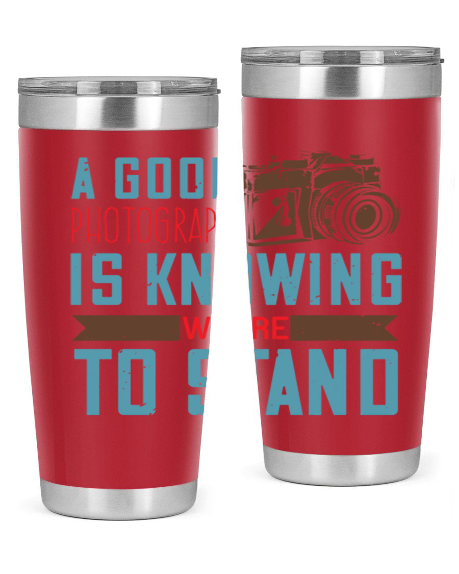 A stylish 20oz stainless steel tumbler with a photography-themed design, featuring a double wall vacuum and a drink-thru lid.