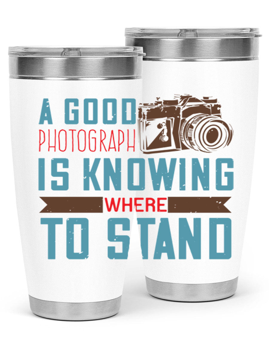 A stylish 20oz stainless steel tumbler with a photography-themed design, featuring a double wall vacuum and a drink-thru lid.