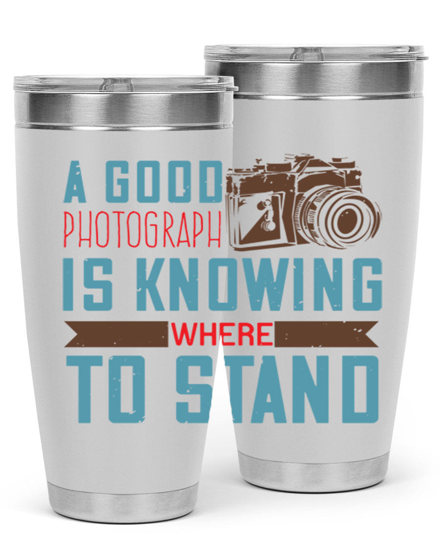 A stylish 20oz stainless steel tumbler with a photography-themed design, featuring a double wall vacuum and a drink-thru lid.