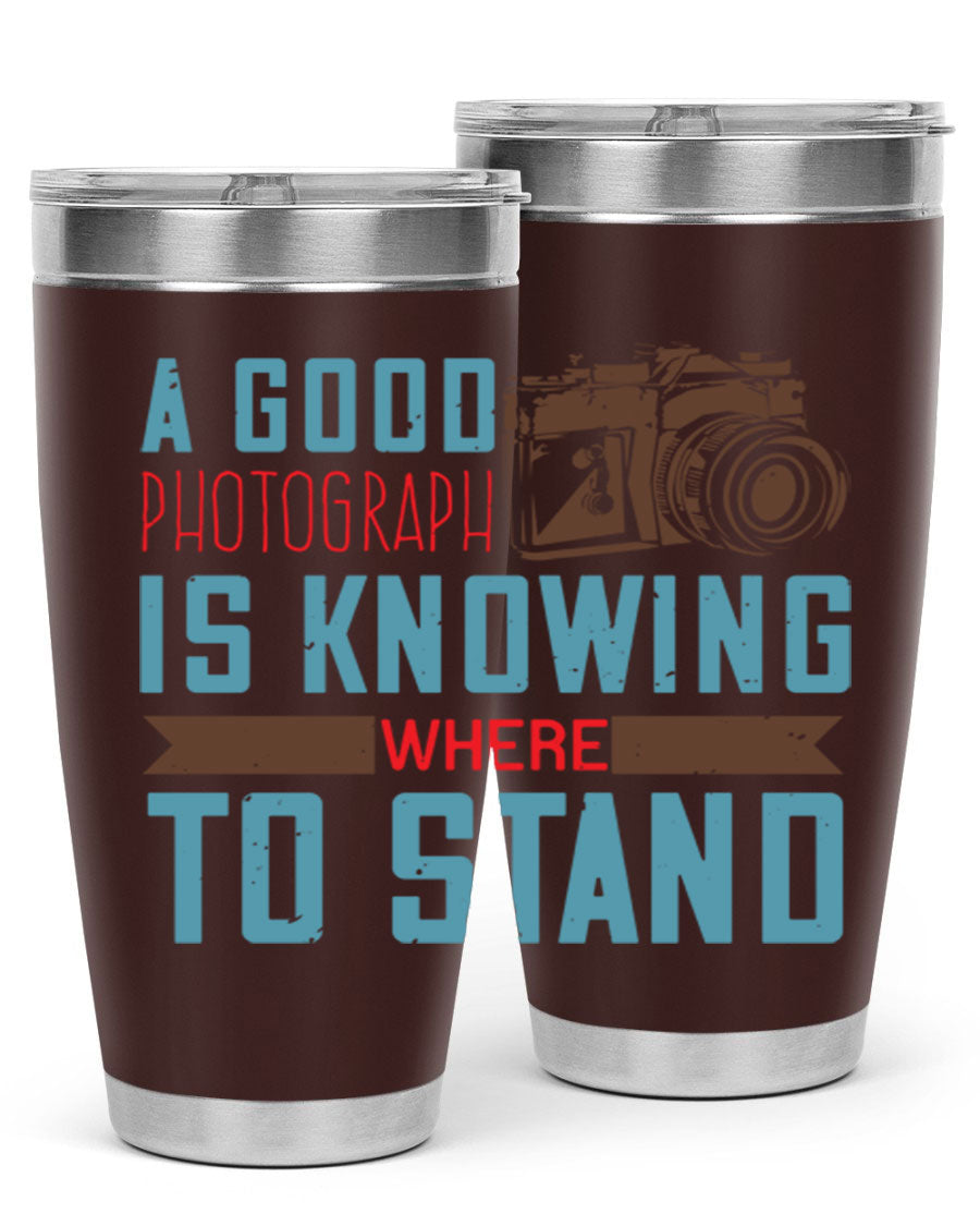 A stylish 20oz stainless steel tumbler with a photography-themed design, featuring a double wall vacuum and a drink-thru lid.