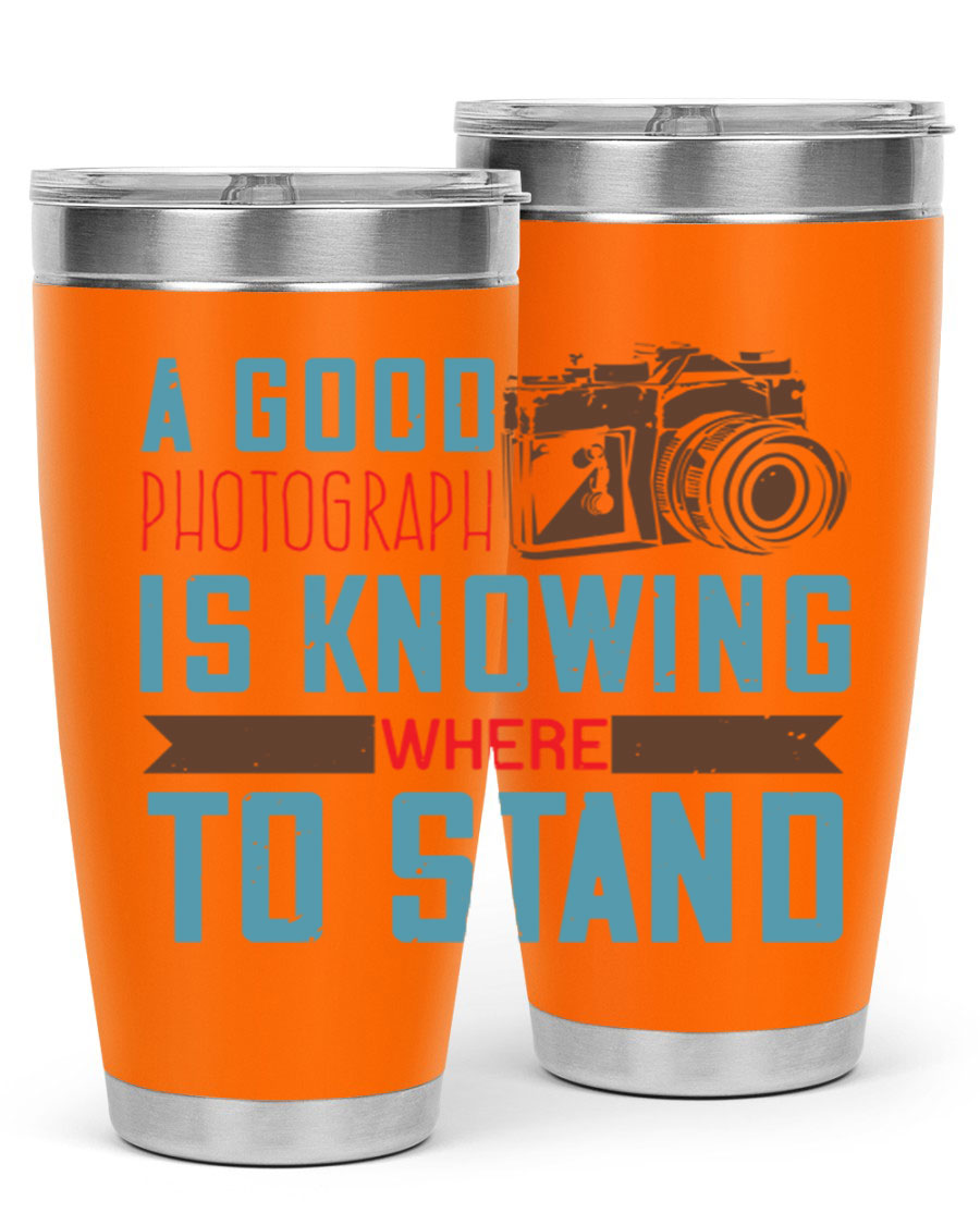 A stylish 20oz stainless steel tumbler with a photography-themed design, featuring a double wall vacuum and a drink-thru lid.