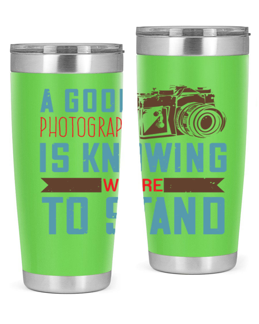 A stylish 20oz stainless steel tumbler with a photography-themed design, featuring a double wall vacuum and a drink-thru lid.
