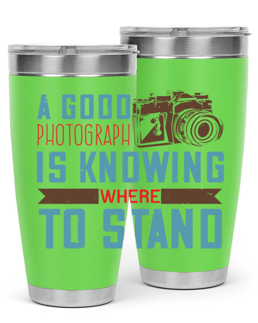 A stylish 20oz stainless steel tumbler with a photography-themed design, featuring a double wall vacuum and a drink-thru lid.