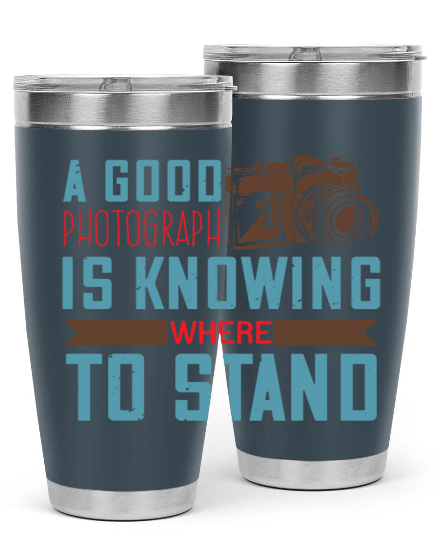 A stylish 20oz stainless steel tumbler with a photography-themed design, featuring a double wall vacuum and a drink-thru lid.