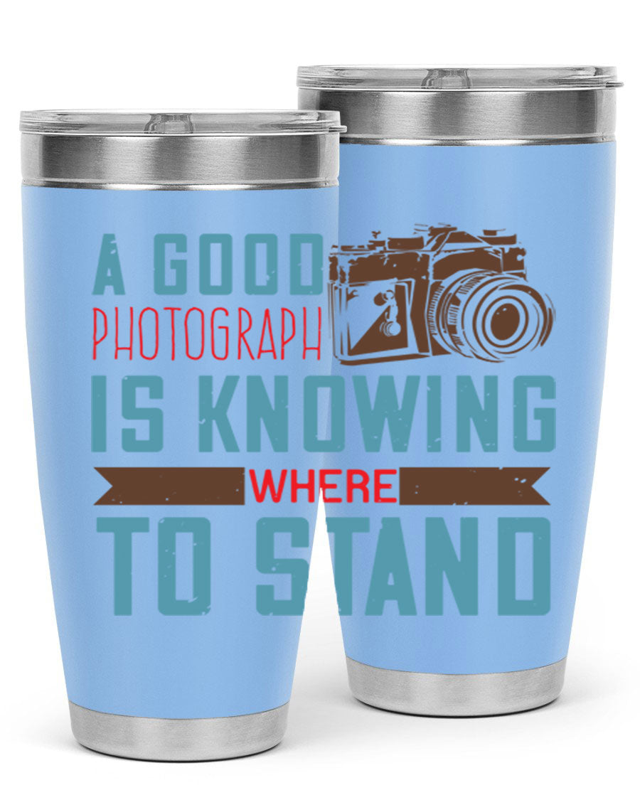 A stylish 20oz stainless steel tumbler with a photography-themed design, featuring a double wall vacuum and a drink-thru lid.