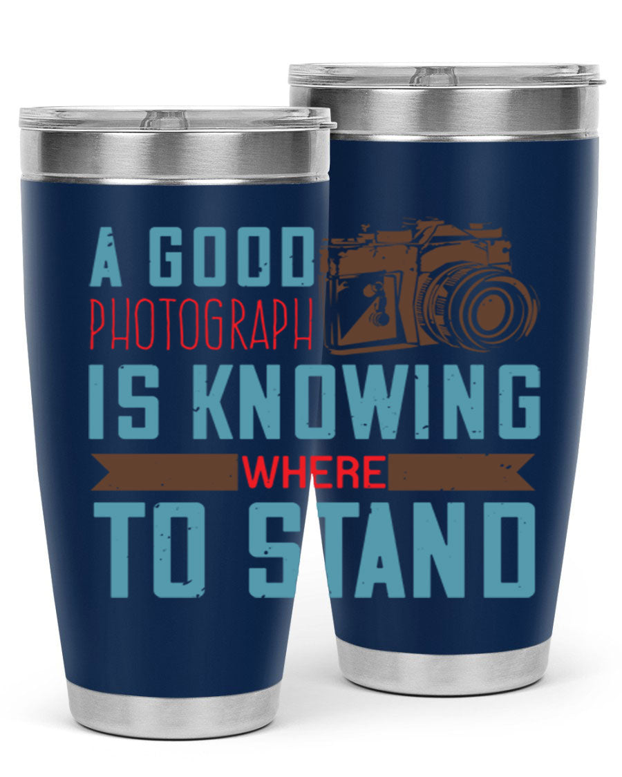 A stylish 20oz stainless steel tumbler with a photography-themed design, featuring a double wall vacuum and a drink-thru lid.