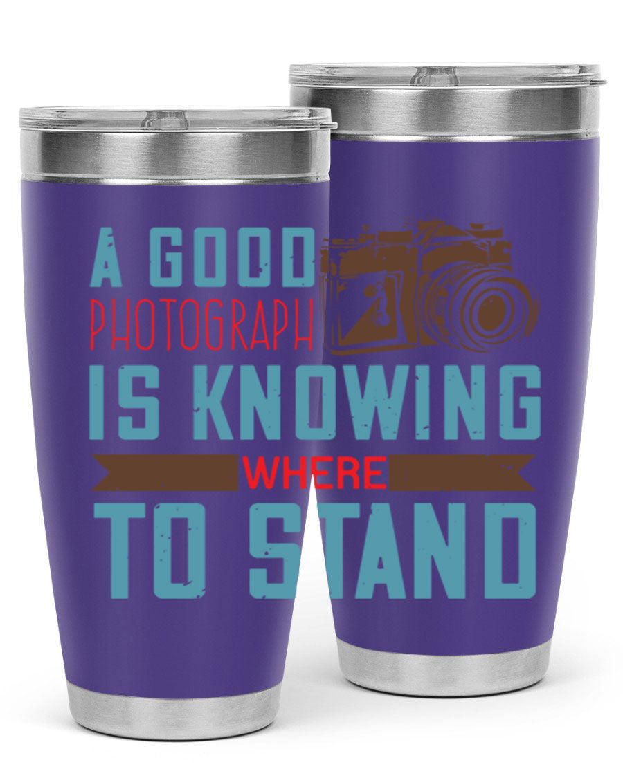 A stylish 20oz stainless steel tumbler with a photography-themed design, featuring a double wall vacuum and a drink-thru lid.
