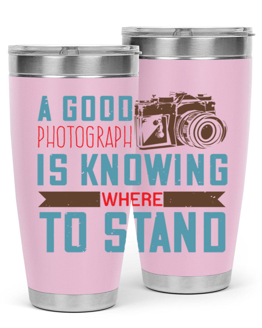 A stylish 20oz stainless steel tumbler with a photography-themed design, featuring a double wall vacuum and a drink-thru lid.