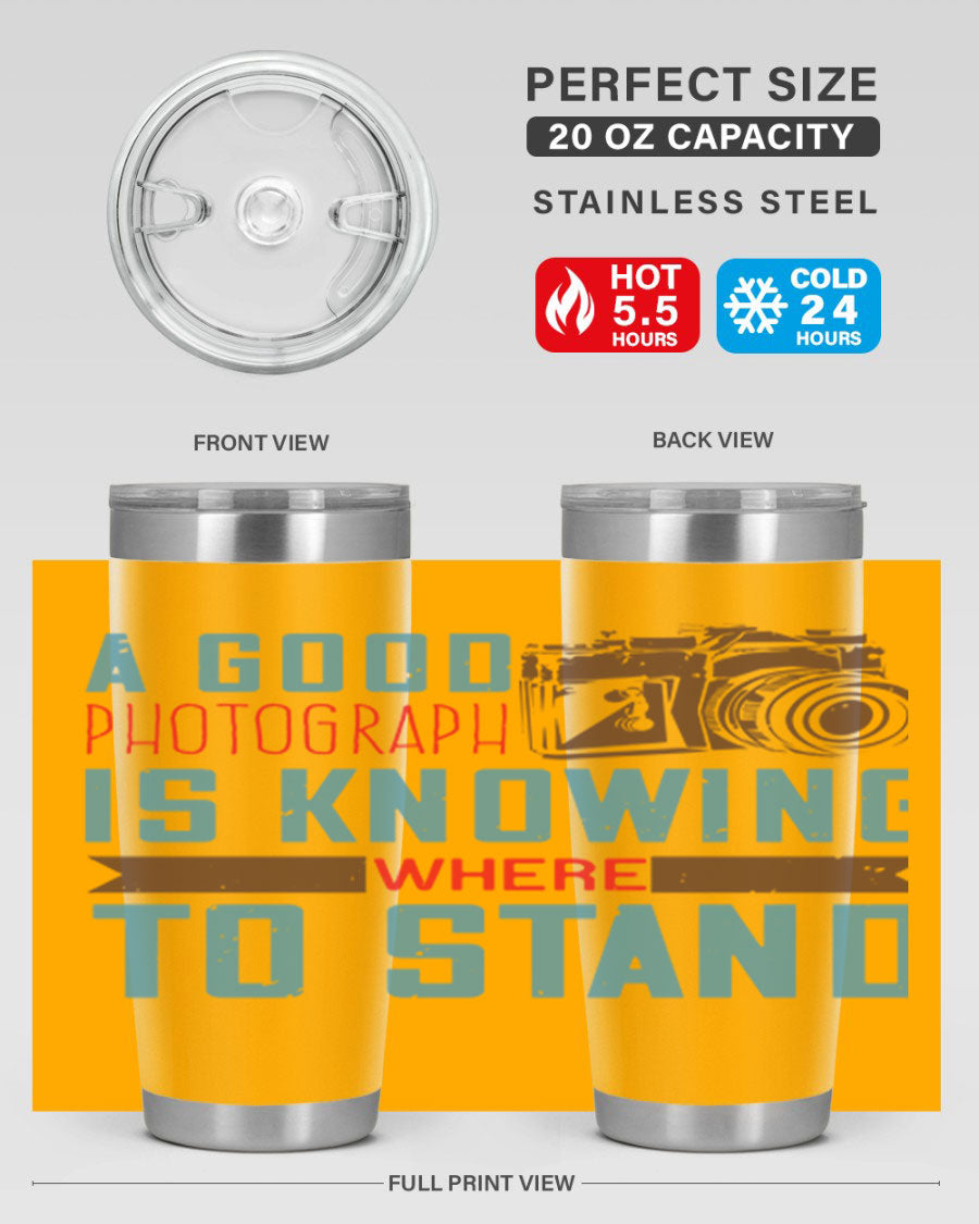 A stylish 20oz stainless steel tumbler with a photography-themed design, featuring a double wall vacuum and a drink-thru lid.