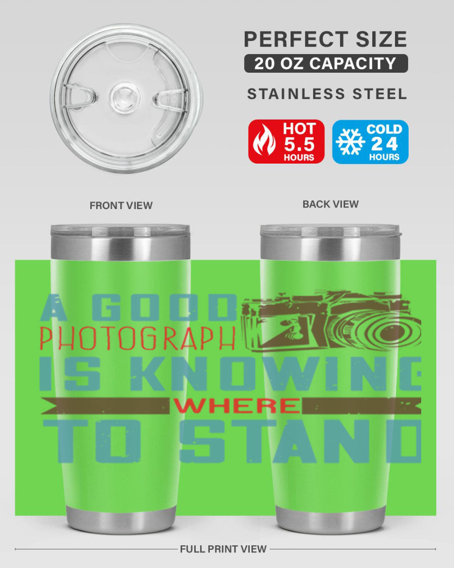 A stylish 20oz stainless steel tumbler with a photography-themed design, featuring a double wall vacuum and a drink-thru lid.