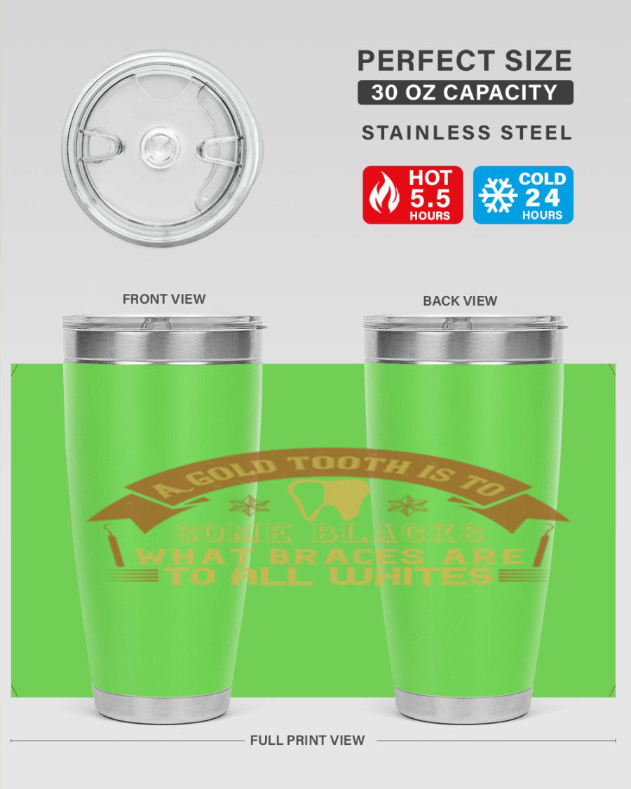 A stylish A Gold Tooth Style 28# Tumbler in stainless steel, showcasing its double wall vacuum design and vibrant print.