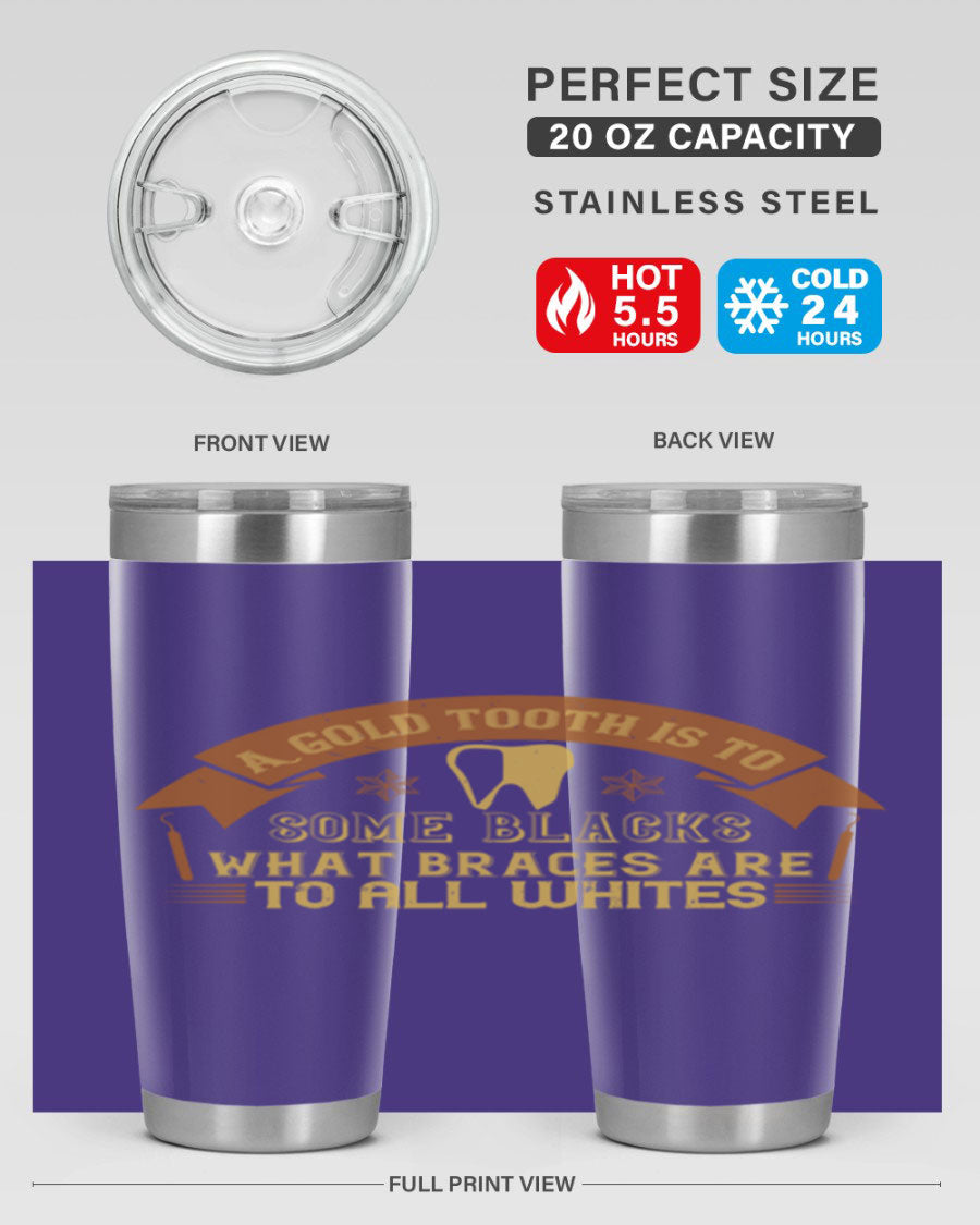 A stylish A Gold Tooth Style 28# Tumbler in stainless steel, showcasing its double wall vacuum design and vibrant print.