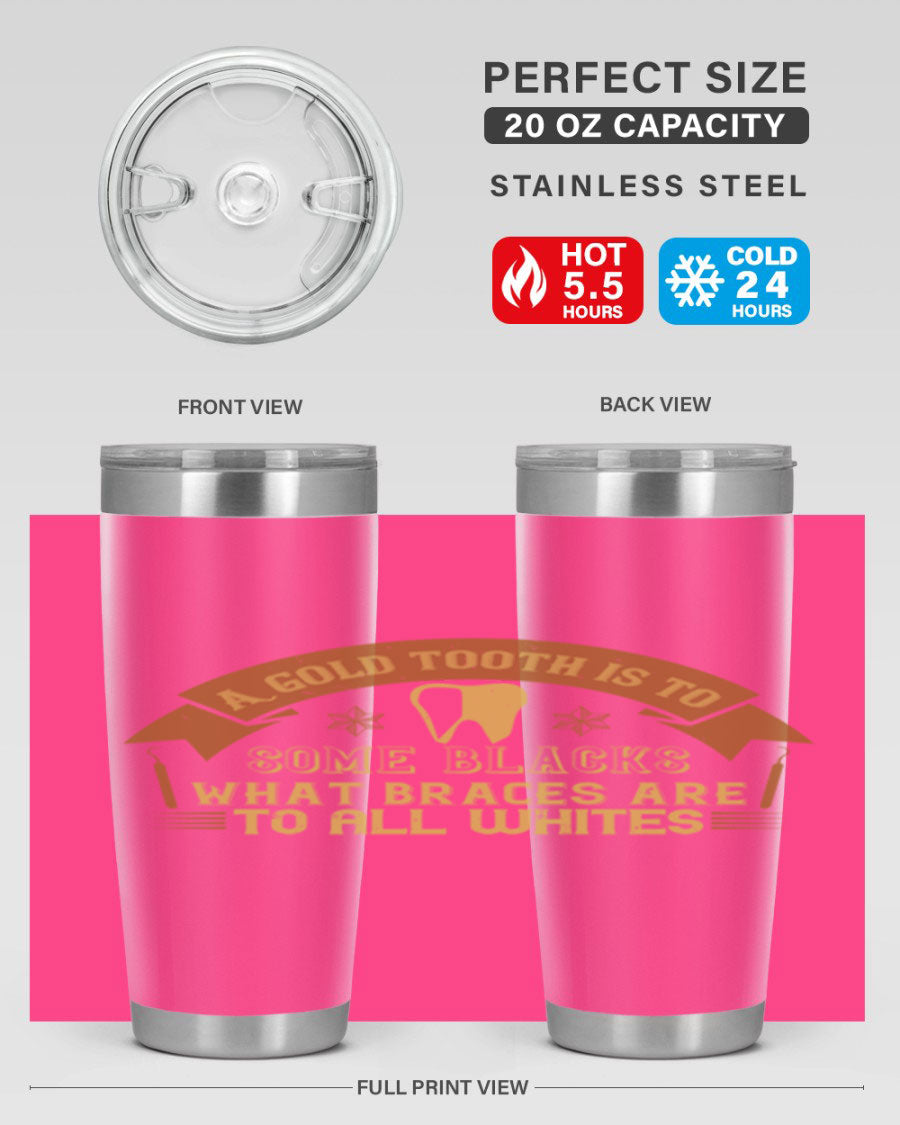 A stylish A Gold Tooth Style 28# Tumbler in stainless steel, showcasing its double wall vacuum design and vibrant print.
