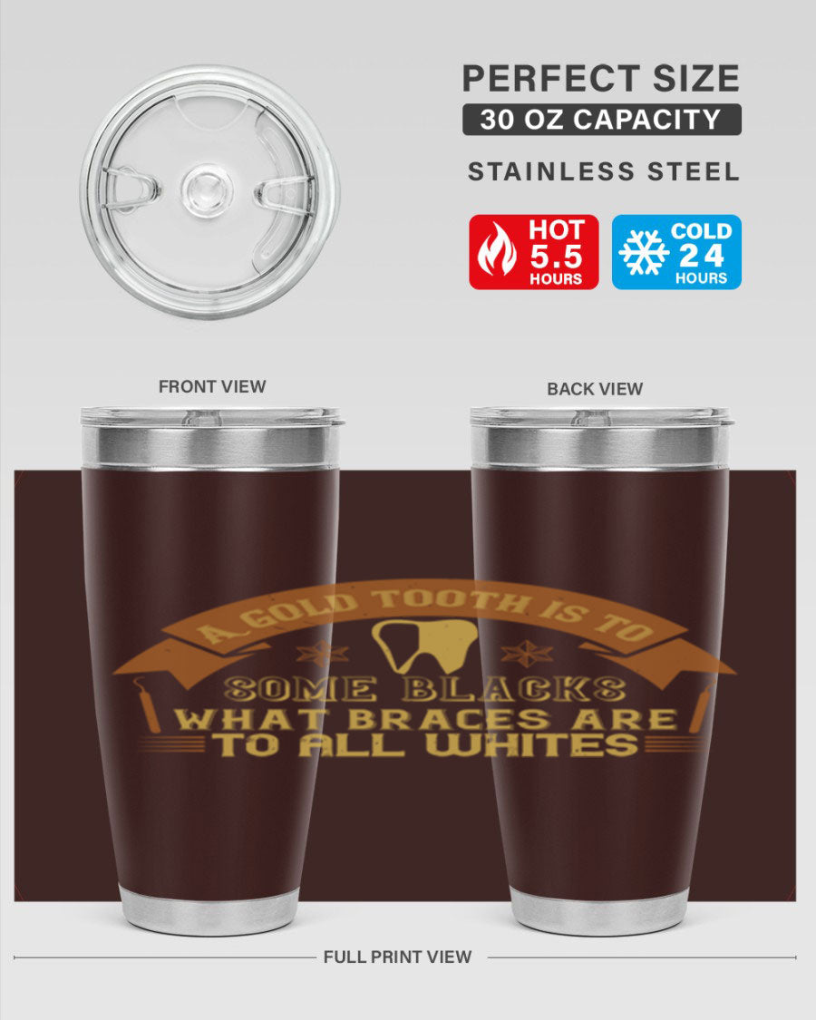A stylish A Gold Tooth Style 28# Tumbler in stainless steel, showcasing its double wall vacuum design and vibrant print.