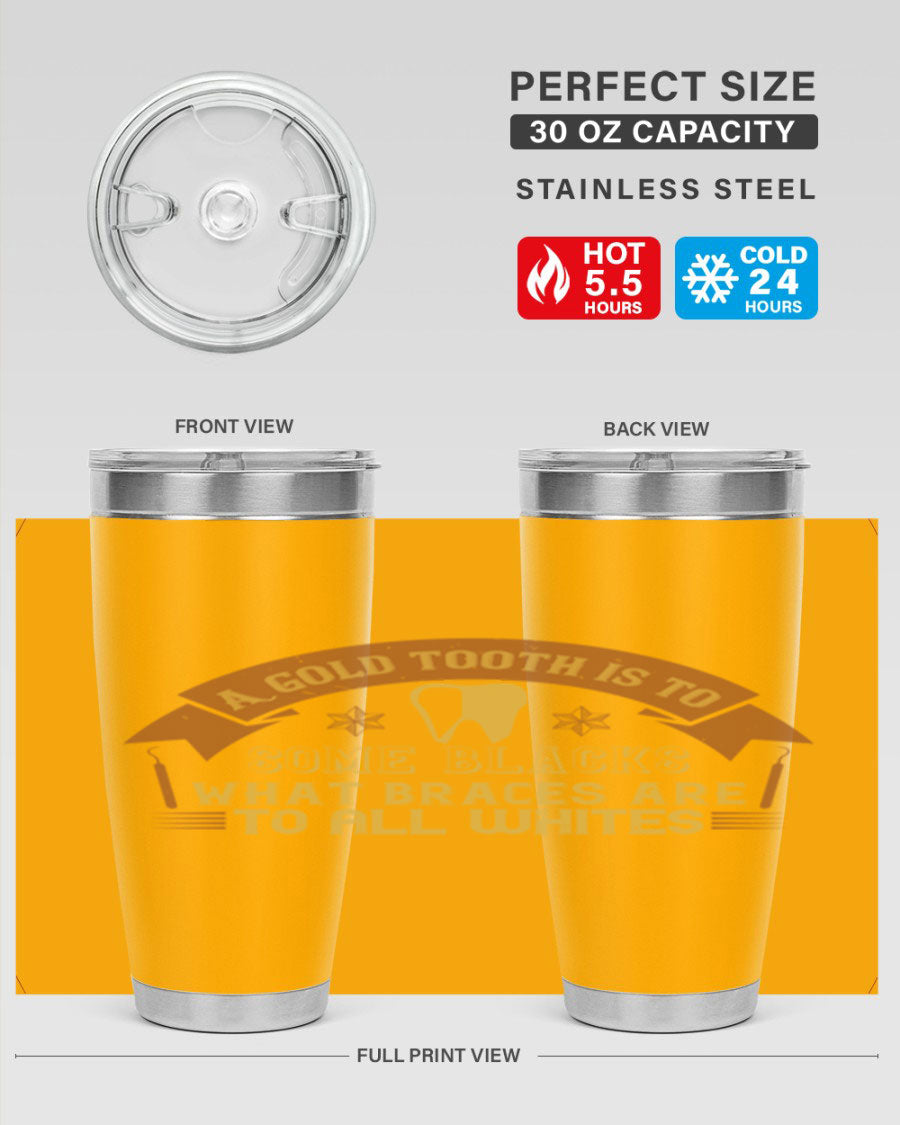 A stylish A Gold Tooth Style 28# Tumbler in stainless steel, showcasing its double wall vacuum design and vibrant print.