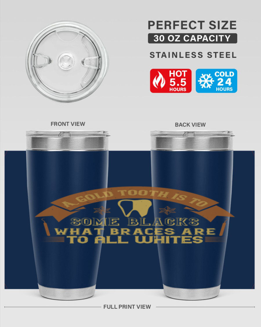 A stylish A Gold Tooth Style 28# Tumbler in stainless steel, showcasing its double wall vacuum design and vibrant print.