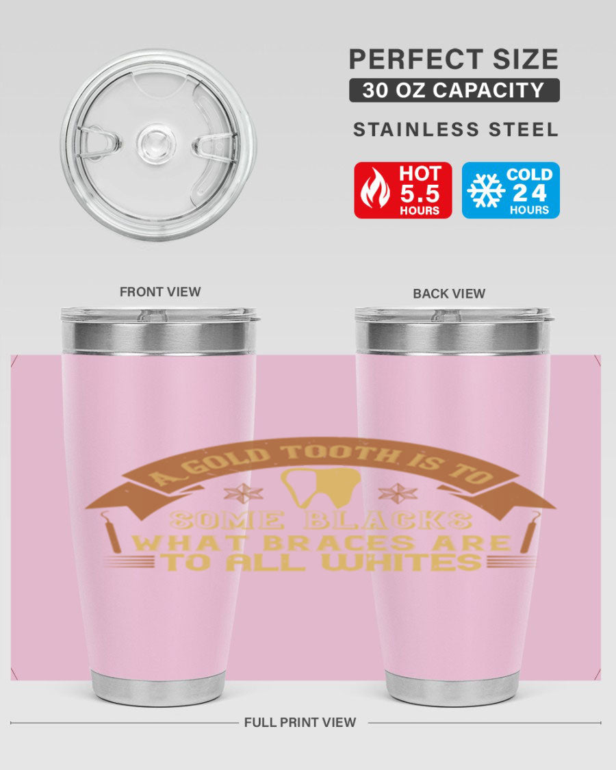 A stylish A Gold Tooth Style 28# Tumbler in stainless steel, showcasing its double wall vacuum design and vibrant print.