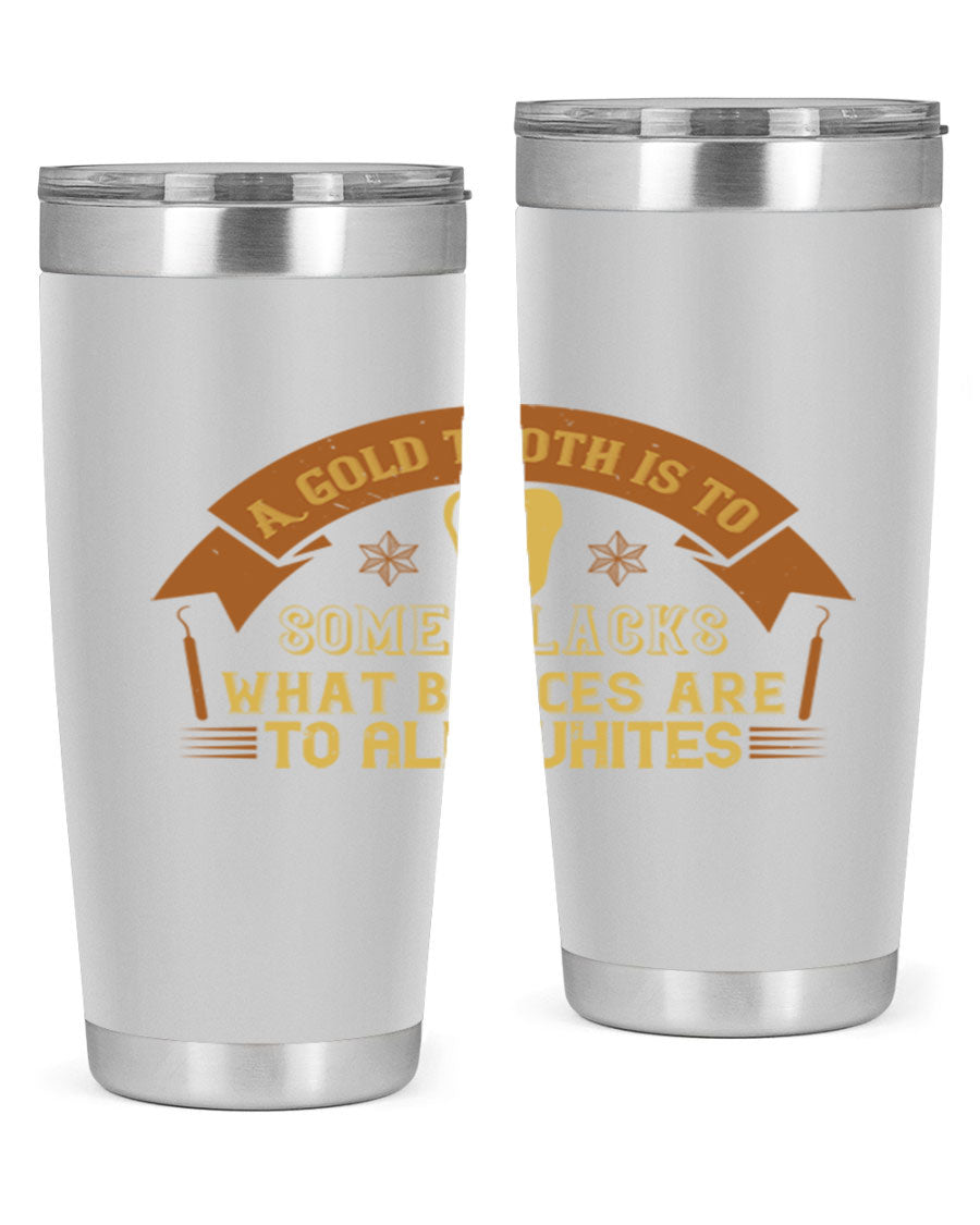 A stylish A Gold Tooth Style 28# Tumbler in stainless steel, showcasing its double wall vacuum design and vibrant print.
