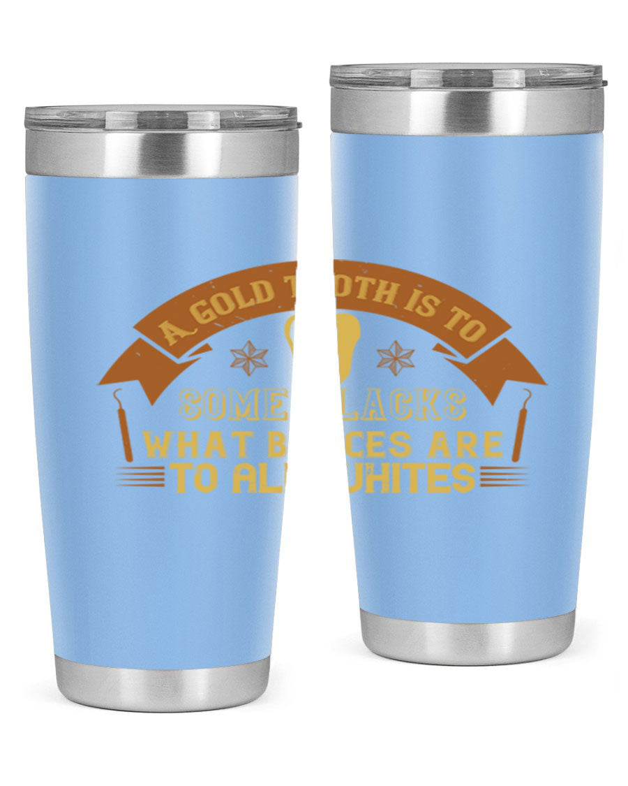 A stylish A Gold Tooth Style 28# Tumbler in stainless steel, showcasing its double wall vacuum design and vibrant print.