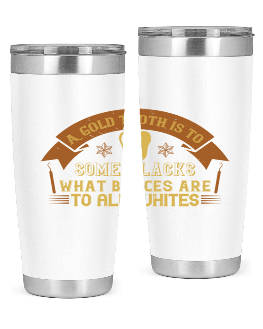 A stylish A Gold Tooth Style 28# Tumbler in stainless steel, showcasing its double wall vacuum design and vibrant print.