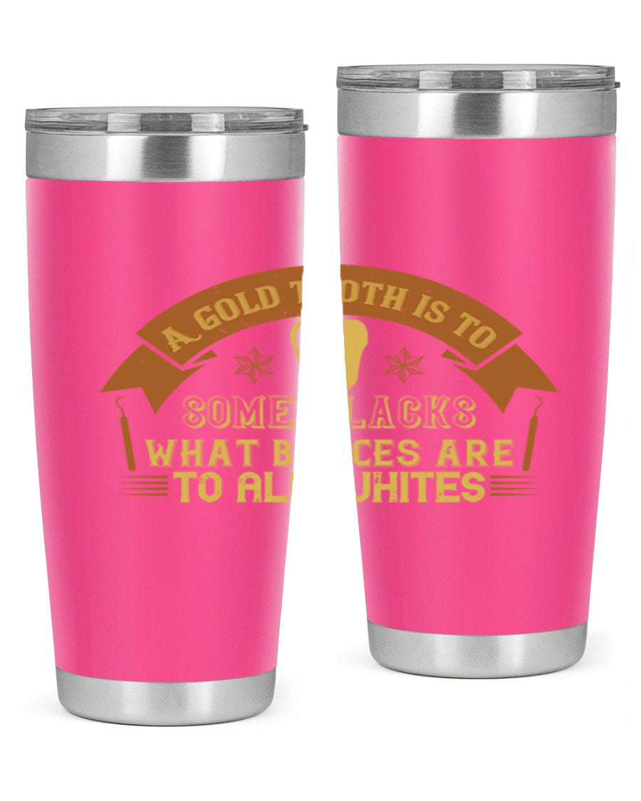 A stylish A Gold Tooth Style 28# Tumbler in stainless steel, showcasing its double wall vacuum design and vibrant print.