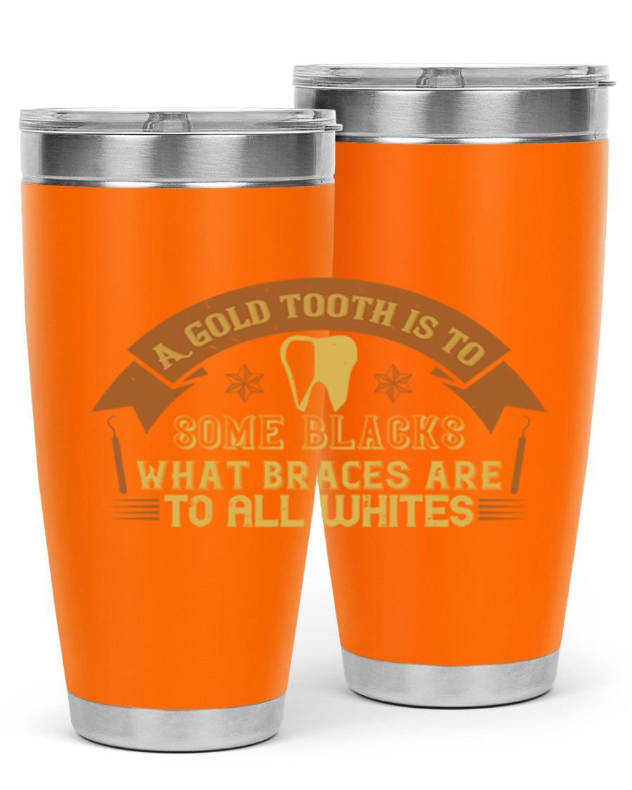 A stylish A Gold Tooth Style 28# Tumbler in stainless steel, showcasing its double wall vacuum design and vibrant print.