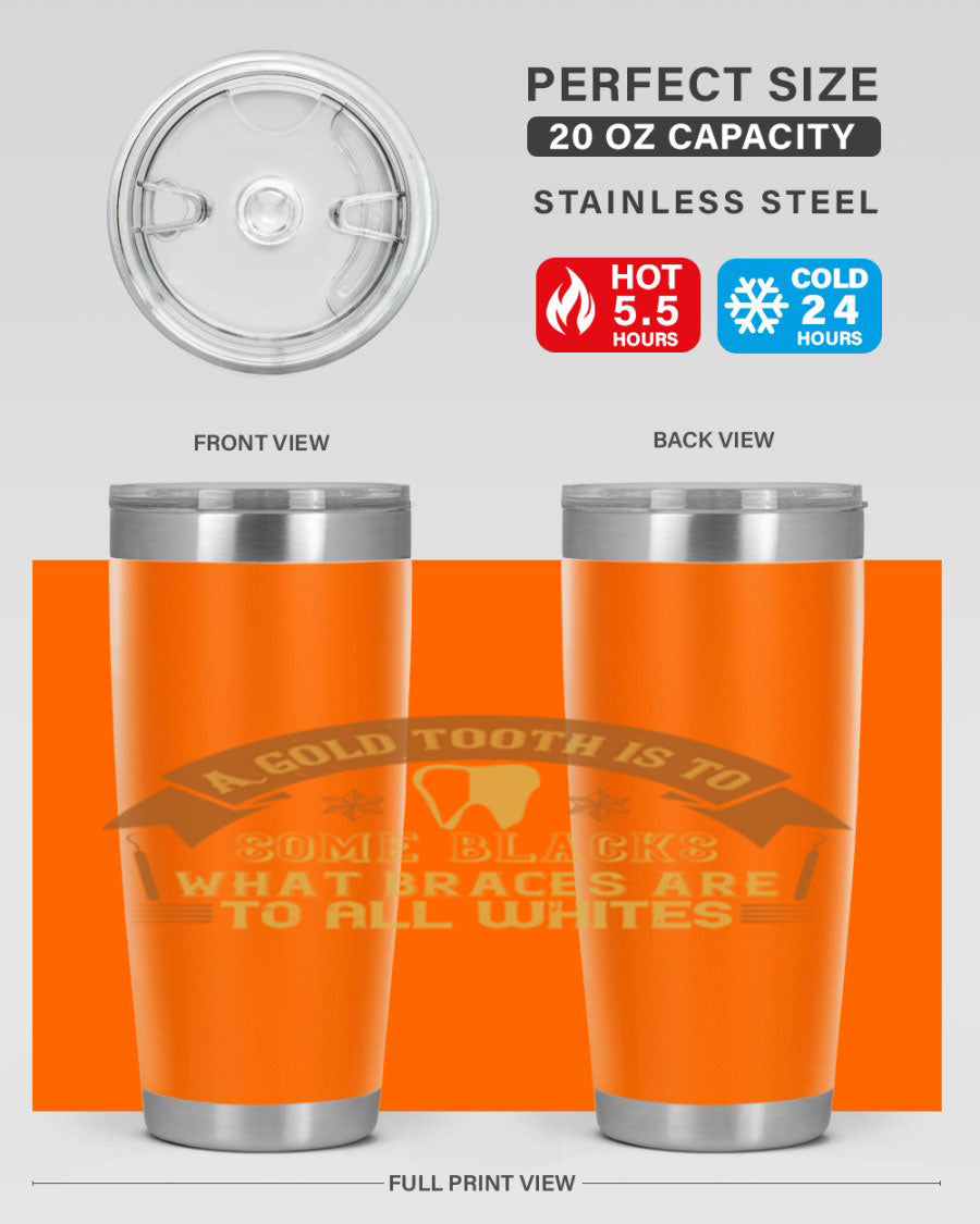 A stylish A Gold Tooth Style 28# Tumbler in stainless steel, showcasing its double wall vacuum design and vibrant print.