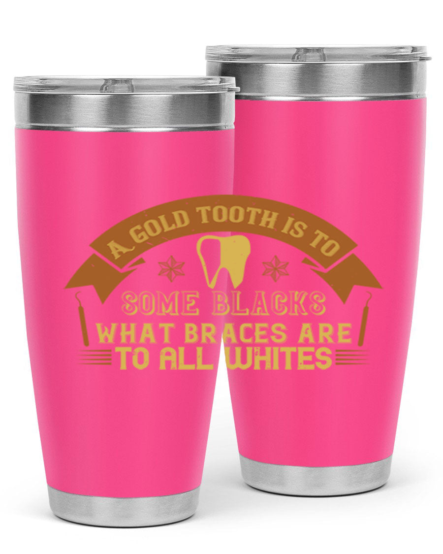 A stylish A Gold Tooth Style 28# Tumbler in stainless steel, showcasing its double wall vacuum design and vibrant print.