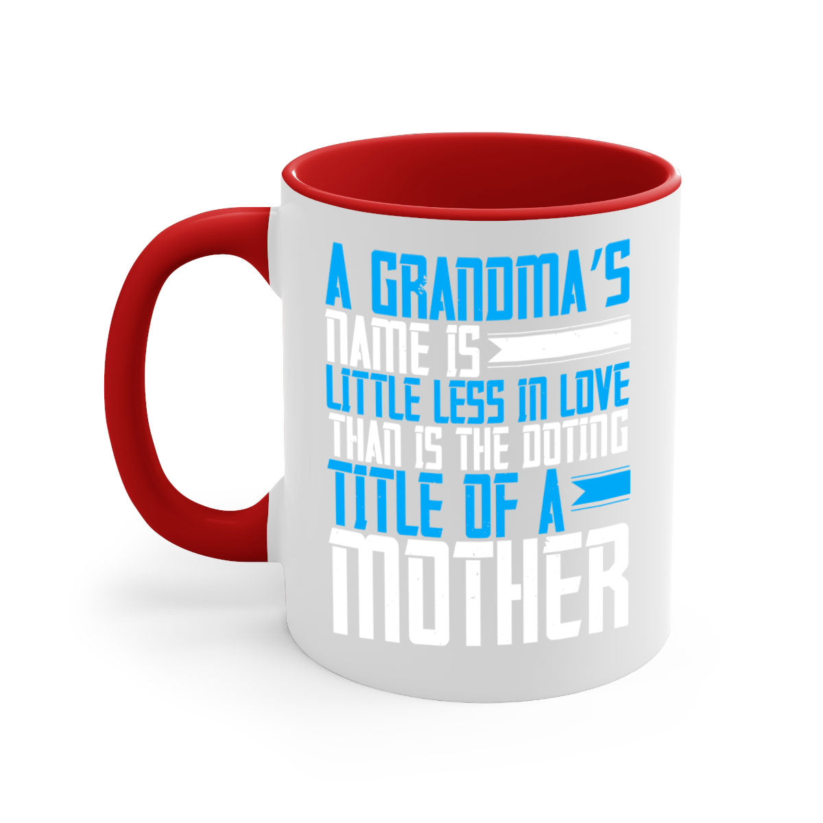A stylish two-tone ceramic mug with a colored handle and interior, featuring a heartfelt grandma-themed design.