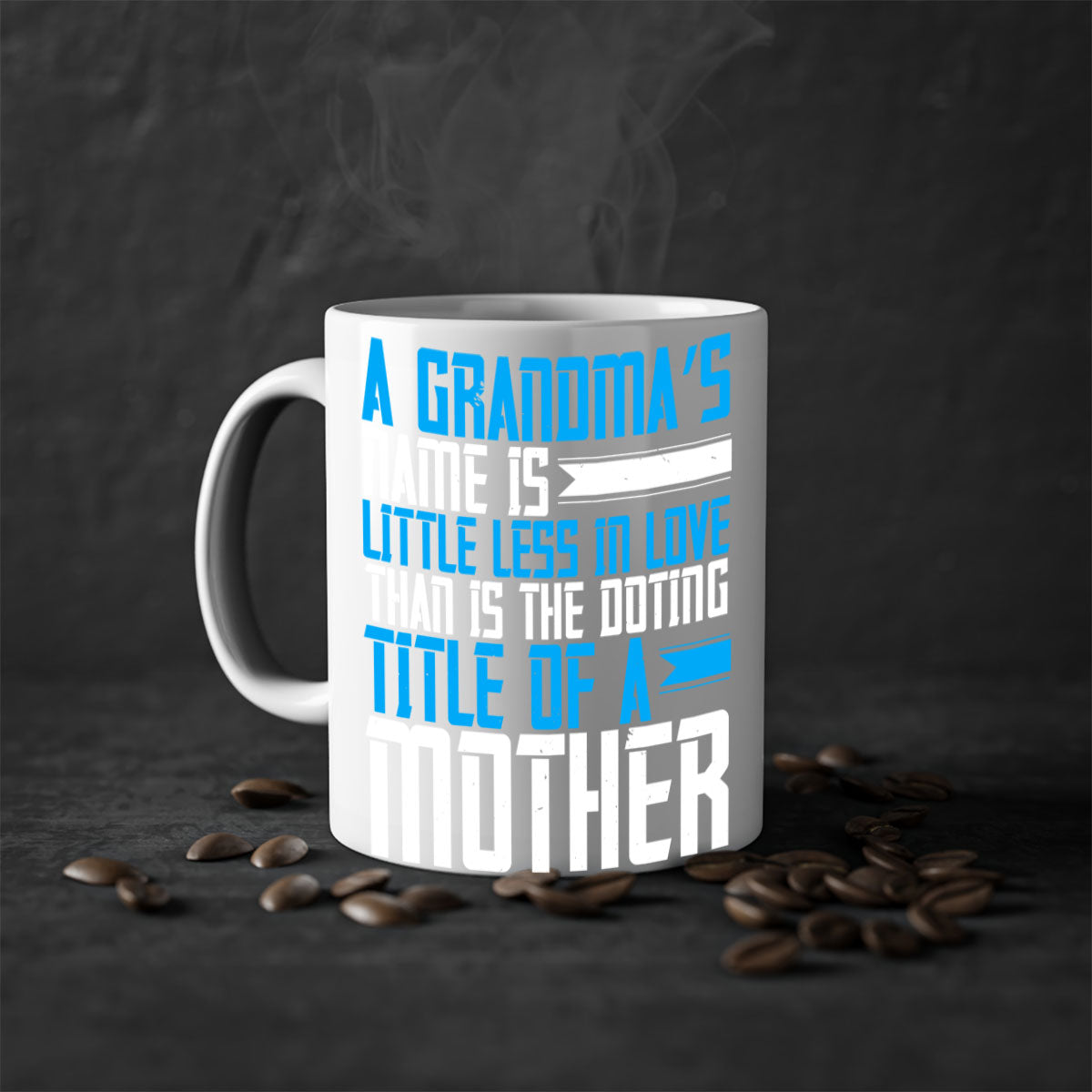 A stylish two-tone ceramic mug with a colored handle and interior, featuring a heartfelt grandma-themed design.