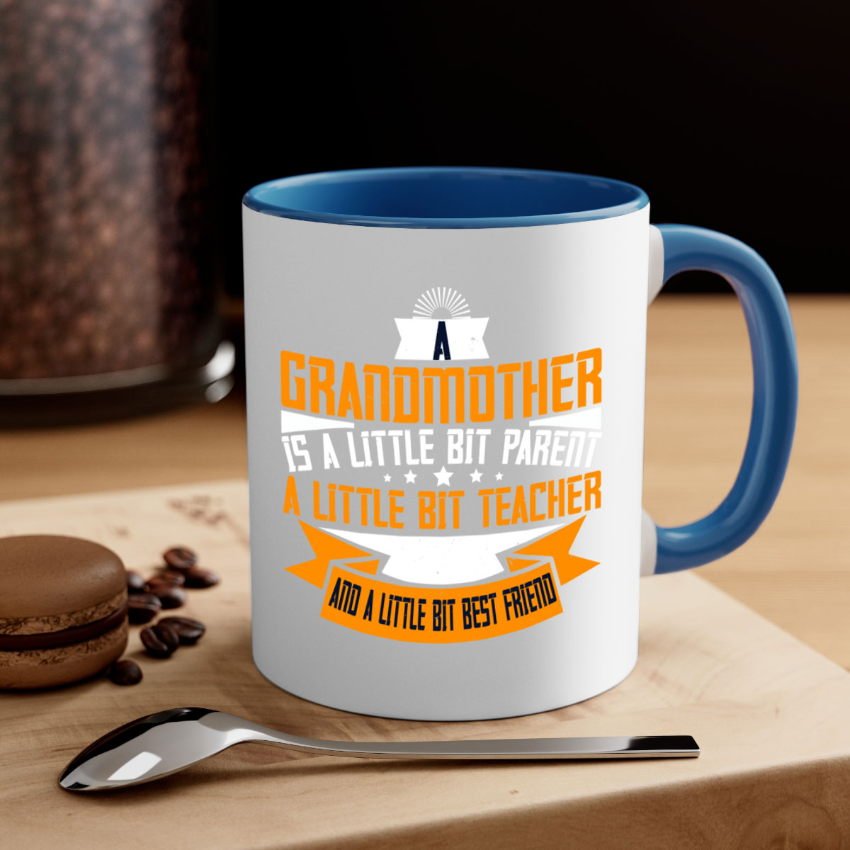 A stylish two-tone ceramic mug with a colored handle and interior, featuring the phrase 'A grandmother is a little bit parent a little bit teacher 43#'.