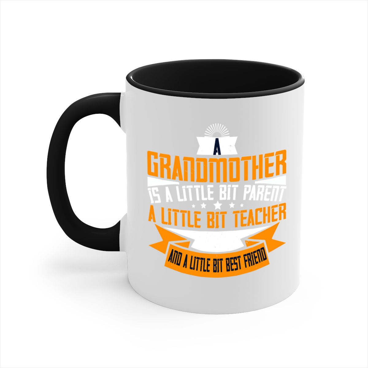 A stylish two-tone ceramic mug with a colored handle and interior, featuring the phrase 'A grandmother is a little bit parent a little bit teacher 43#'.